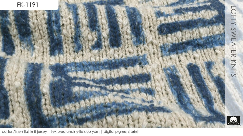 cotton/linen flat knit jersey | textured chainette slub yarn | digital pigment print
