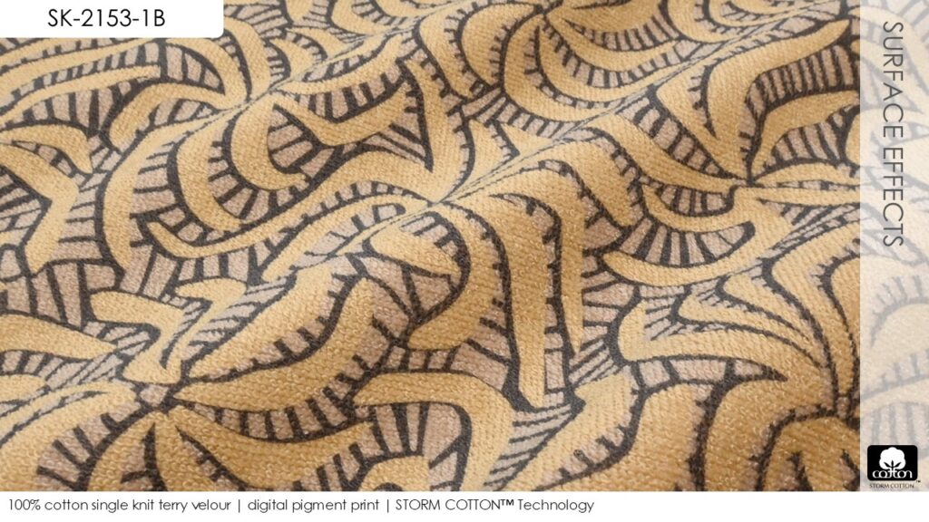 100% cotton single knit terry velour | digital pigment print | STORM COTTON™ Technology

