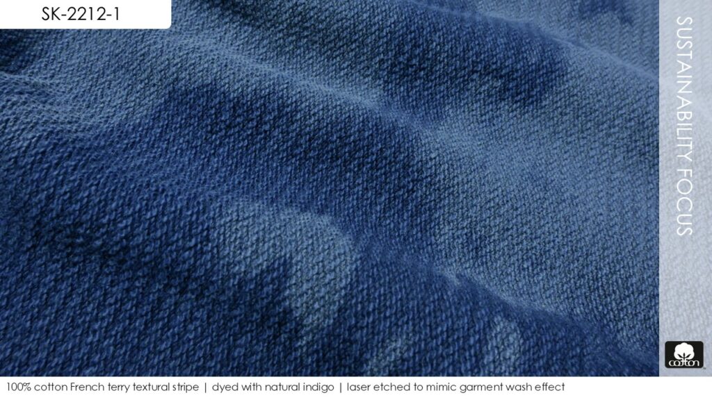 100% cotton French terry textural stripe | dyed with natural indigo | laser etched to mimic garment wash effect
