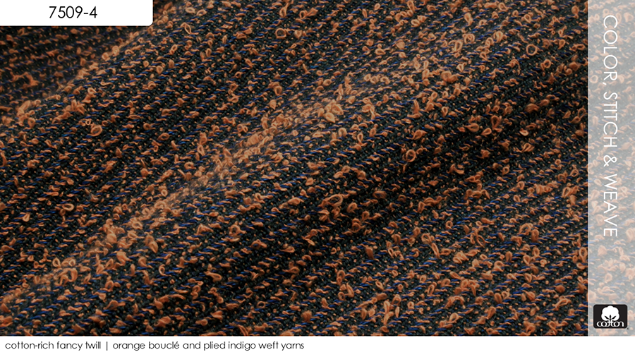 cotton-rich fancy twill | orange bouclé and plied indigo weft yarns