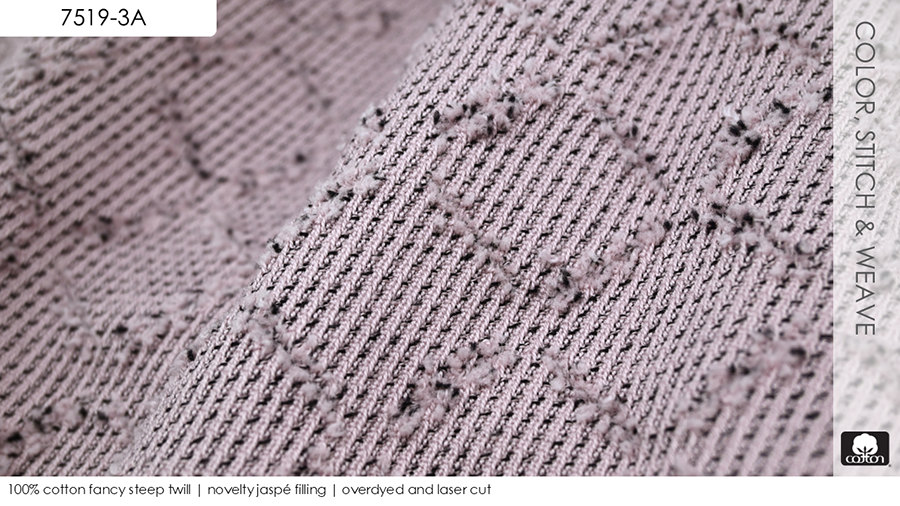 100% cotton fancy steep twill | novelty jaspé filling | overdyed and laser cut