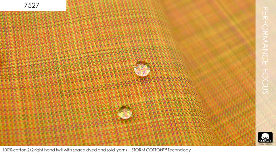 100% cotton 2/2 right hand twill with space dyed and solid yarns | STORM COTTON™ Technology