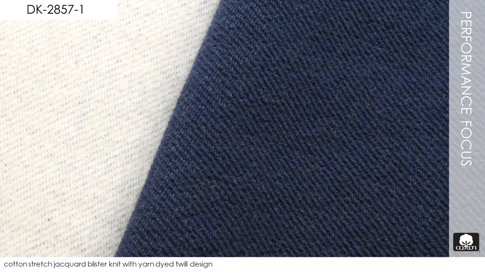 cotton stretch jacquard blister knit with yarn dyed twill design