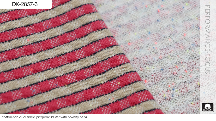 cotton-rich dual sided jacquard blister with novelty neps