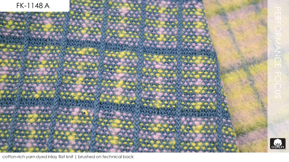cotton-rich yarn dyed inlay flat knit | brushed on technical back