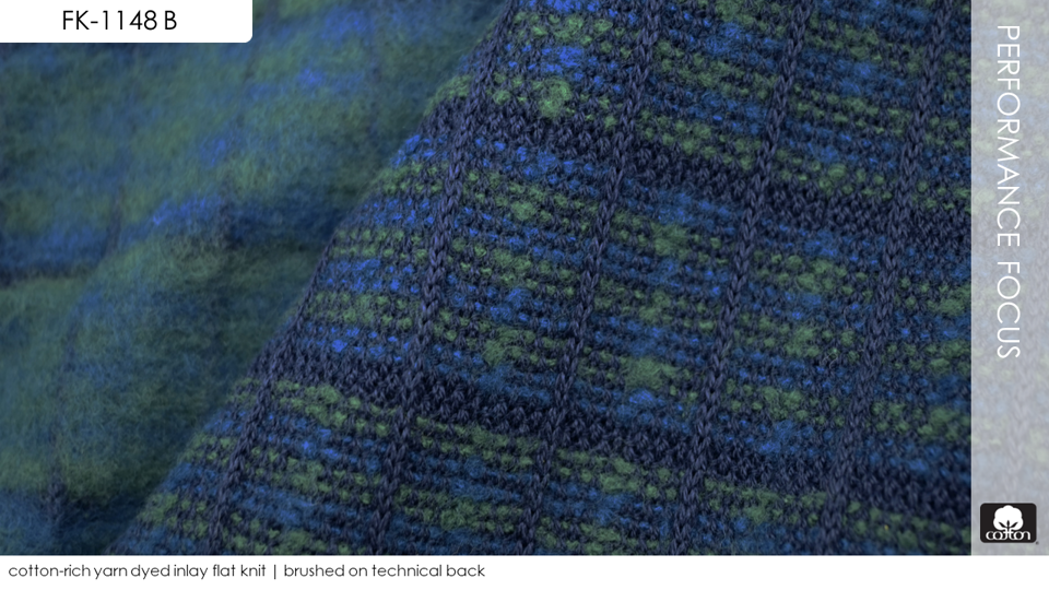 cotton-rich yarn dyed inlay flat knit | brushed on technical back