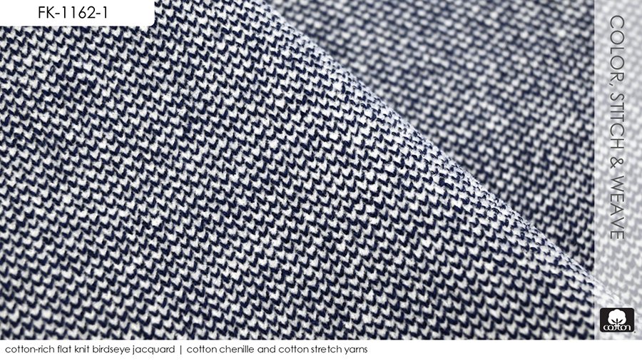 cotton-rich flat knit birdseye jacquard | cotton chenille and cotton stretch yarns