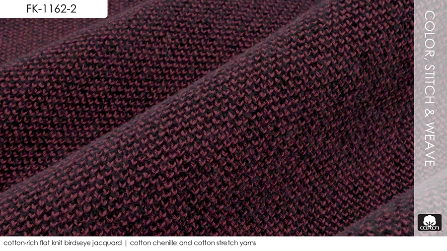 cotton-rich flat knit birdseye jacquard | cotton chenille and cotton stretch yarns