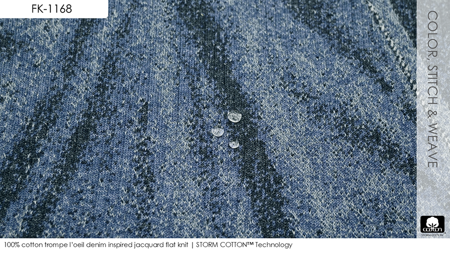 100% cotton trompe l’oeil denim inspired jacquard flat knit | STORM COTTON™ Technology
