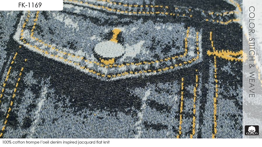100% cotton trompe l’oeil denim inspired jacquard flat knit