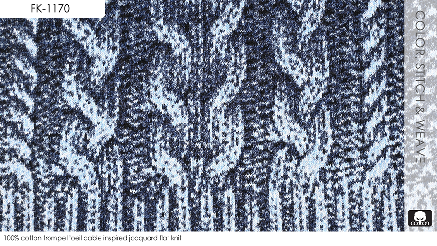 100% cotton trompe l’oeil cable inspired jacquard flat knit