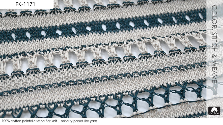 100% cotton pointelle stripe flat knit | novelty paper-like yarn