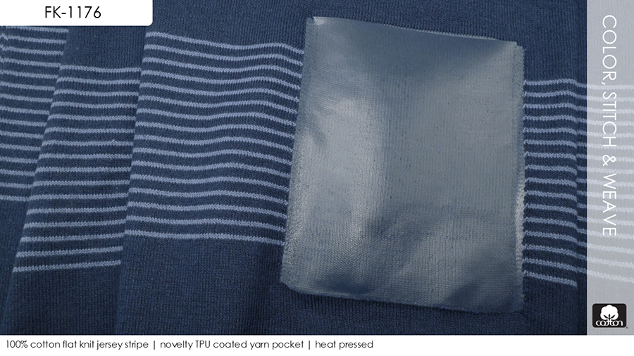 100% cotton flat knit jersey stripe | novelty TPU coated yarn pocket | heat pressed