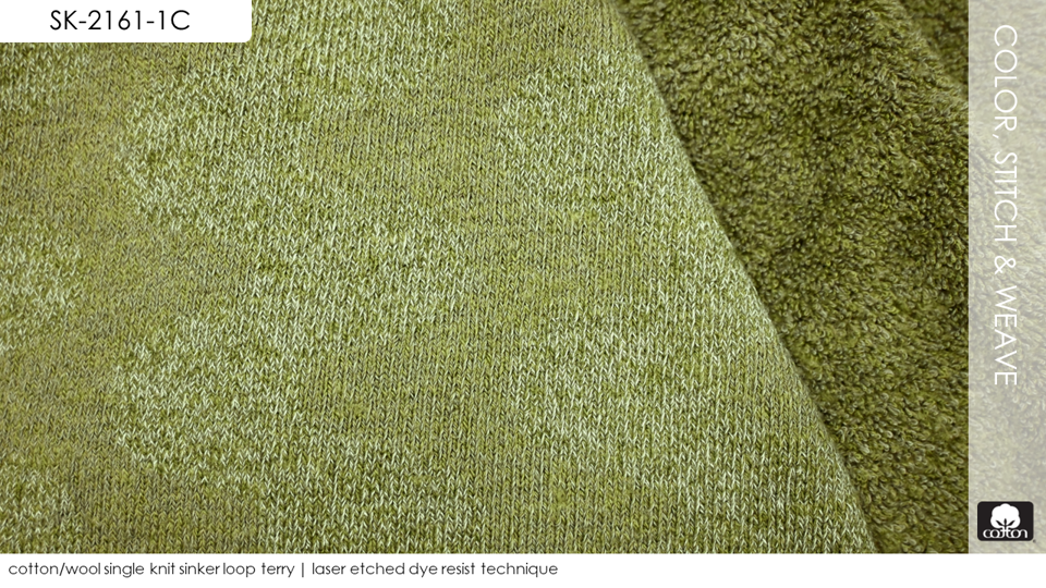 cotton/wool single knit sinker loop terry | laser etched dye resist technique