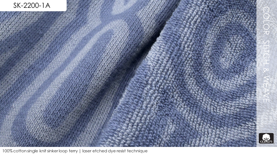 100% cotton single knit sinker loop terry | laser etched dye resist technique