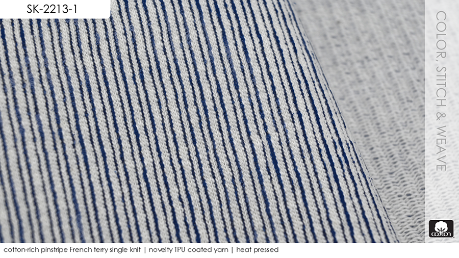 cotton-rich pinstripe French terry single knit | novelty TPU coated yarn | heat pressed