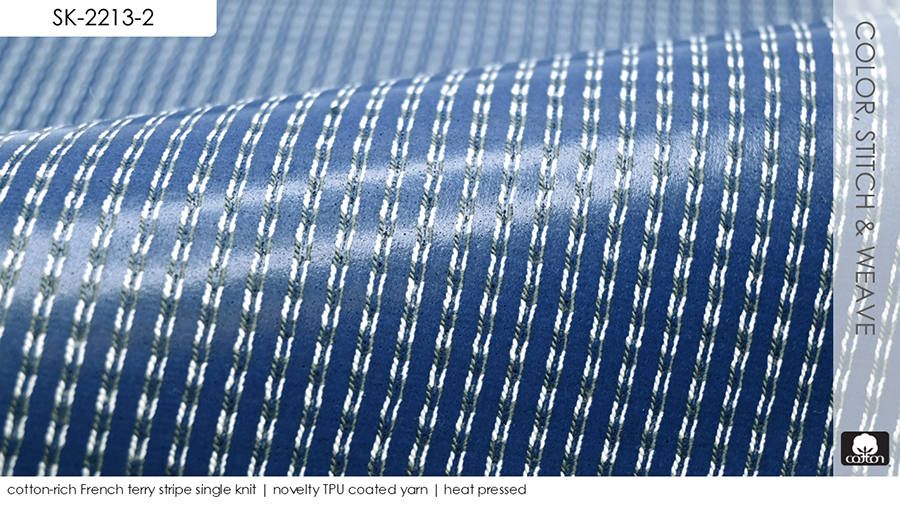 cotton-rich French terry stripe single knit | novelty TPU coated yarn | heat pressed