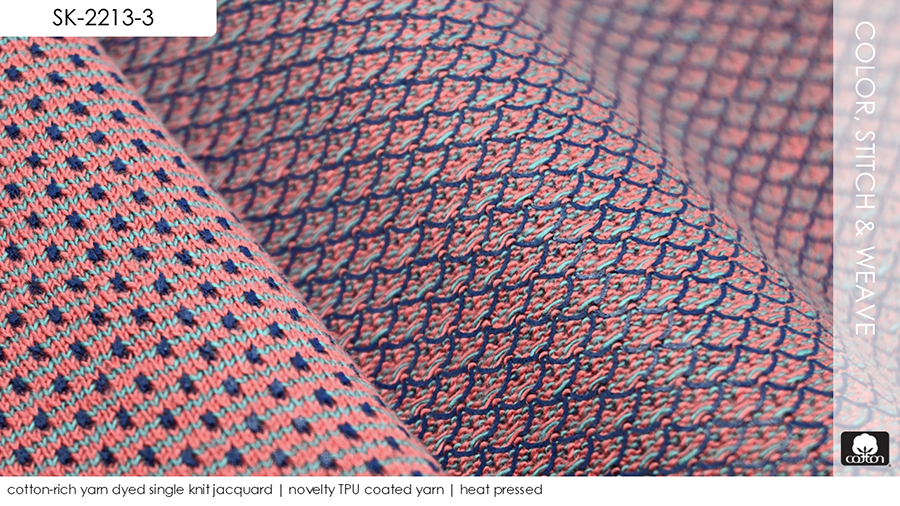 cotton-rich yarn dyed single knit jacquard | novelty TPU coated yarn | heat pressed