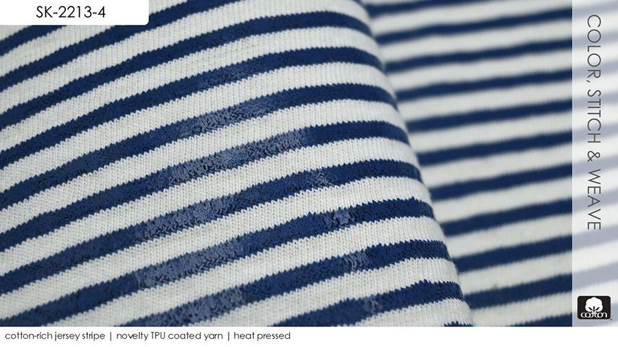 cotton-rich jersey stripe | novelty TPU coated yarn | heat pressed