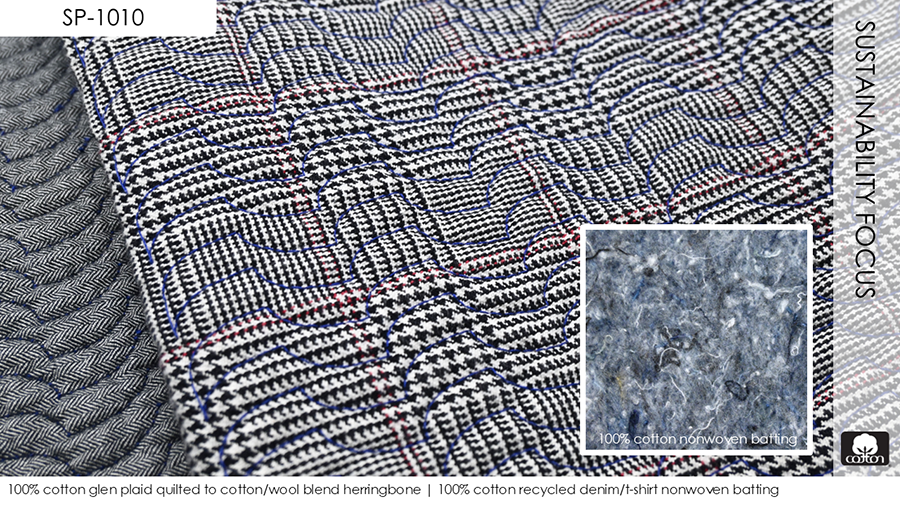 100% cotton glen plaid quilted to cotton/wool blend herringbone | 100% cotton recycled denim/t-shirt nonwoven batting